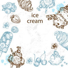 Hand drawn sketch illustration frame ice cream on a white background