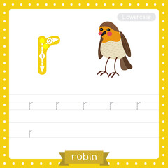 Letter R lowercase tracing practice worksheet of Standing Robin bird