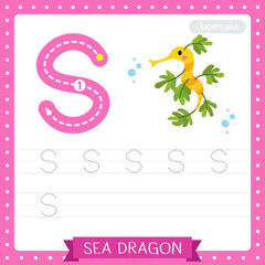 Letter S uppercase tracing practice worksheet of Sea Dragon