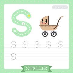 Letter S uppercase tracing practice worksheet of Stroller