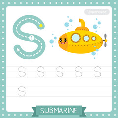 Letter S uppercase tracing practice worksheet of Submarine