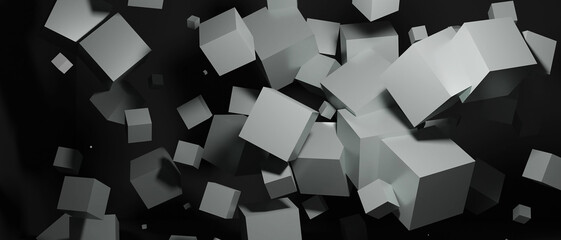 3d render realistic flaying random cube primitives composition. Flying shapes in motion isolated on white background. Abstract theme for trendy designs.