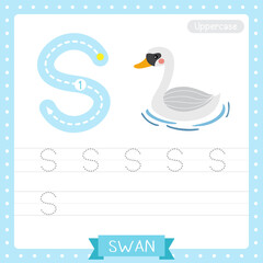 Letter S uppercase tracing practice worksheet of Swan