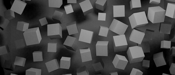 3d render realistic flaying cube primitives composition. Flying shapes in motion isolated on white background. Abstract theme for trendy designs.