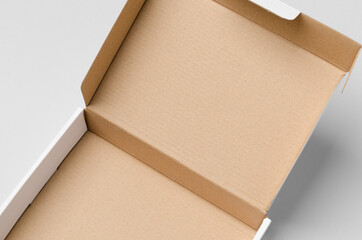 Cardboard postal, mailing box mockup with opened lid, closeup.