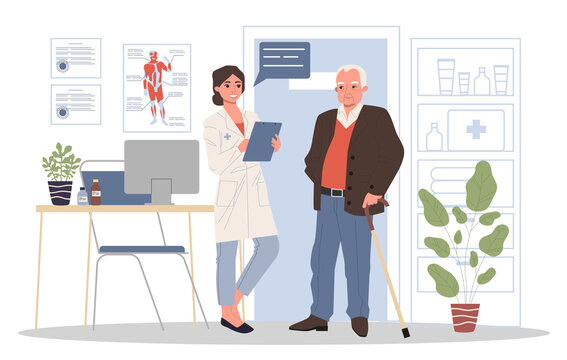 Senior patient visiting doctor office. Old man with cane consulting physician. illustration for medical consultation, diagnosis treatment, healthcare concept
