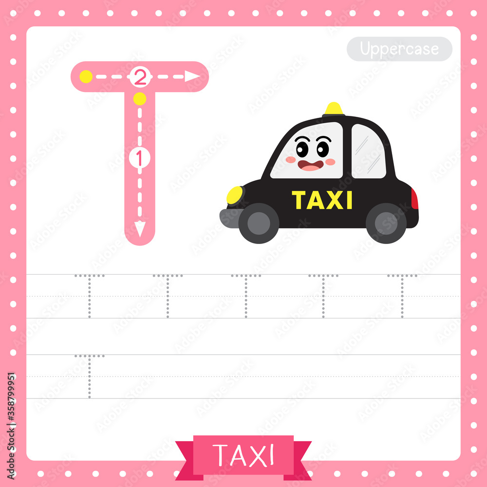 Wall mural Letter T uppercase tracing practice worksheet of Taxi - Wall murals