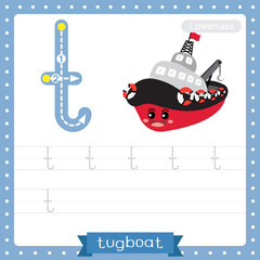 Letter T lowercase tracing practice worksheet of Tugboat