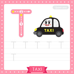 Letter T uppercase tracing practice worksheet of Taxi