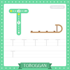 Letter T uppercase tracing practice worksheet of Toboggan