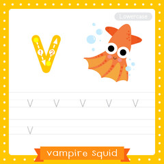 Letter V lowercase tracing practice worksheet of Vampire Squid