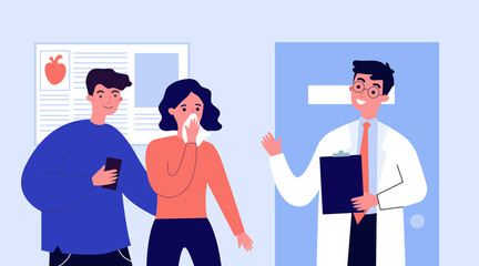 Obraz premium Doctor explaining diagnosis to patients. Flu, disease, consultation flat vector illustration. Healthcare and therapy concept for banner, website design or landing web page