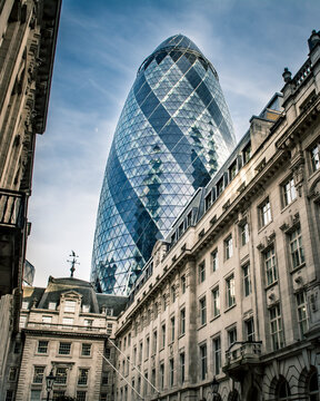 London- 30 St Mary Axe, AKA the Ghirkin, a landmark financial building in the City of London