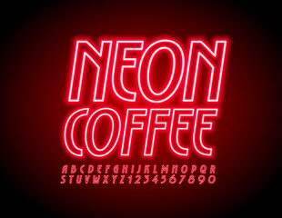 Vector Red emblem Neon Coffee with Glowing light Font. Electric elegant Alphabet Letters and Numbers
