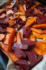 Healthy carrot, beetroot and sweet potato fries before baking, raw