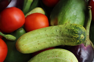 Green cucumber display with selective focus and fresh various raw organic vegetables for healthy and diet background.