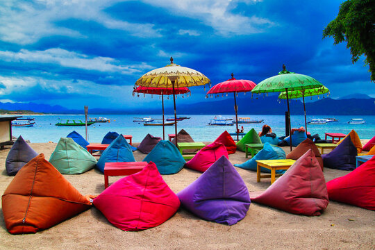 Beautiful colourful and comfortable seat cushions at the beach, Gili Islands, Gili Travangan, Indonesia, Asia