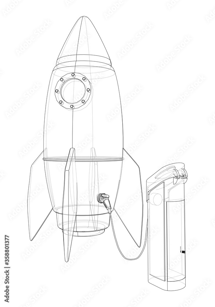 Poster electric rocket charging station sketch. vector