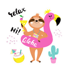 Obraz na płótnie Canvas Funny sloth on an inflatable pink flamingo holds a cocktail and the inscription aloha on a white background. Summer concept for children