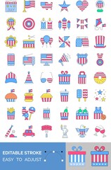 4th of July related united state flag in mobile, radio, caps, glasses, gift box, candies, ice creams, cup cakes, donuts, badge, megaphone, shopping bag and wine bottles vectors with editable stroke