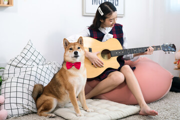 Girl playing guitar with Shiba Inu dog in white living room. Young woman playing with shiba inu dog.