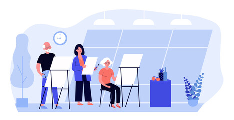 Senior people painting in art class. Still life, artist, easel flat vector illustration. Workshop and fine arts concept for banner, website design or landing web page