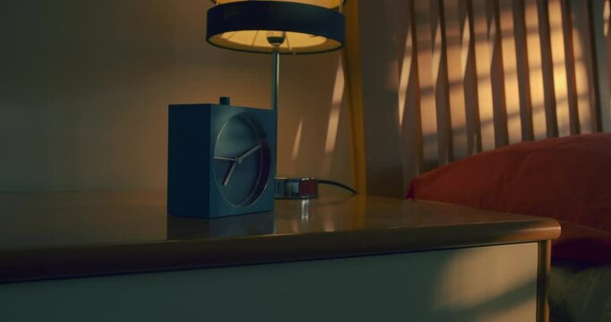cinematic dolly shot of an alarm clock