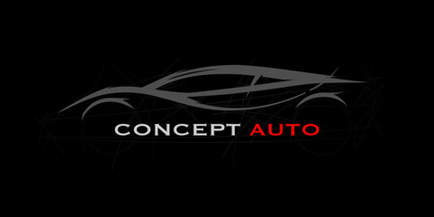 Concept auto sports car silhouette. Supercar showroom emblem. Performance motor vehicle dealership logo style design. Vector illustration.
