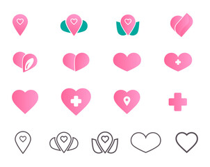 Heart, location and cross doctor icons set. Editable vector files
