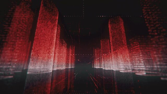 Flying through neon digital model of abstract modern business city made of symbols and grids in bright red and white color on black background. Business, connections and digital technology concept. 3d