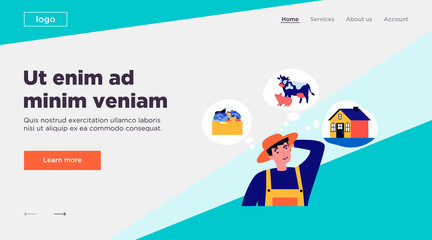 Obraz na płótnie Canvas Farmer choosing between agriculture, cattle breeding and house. Thinking, choice flat vector illustration. Decision making concept for banner, website design or landing web page