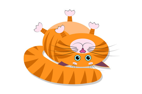 A cute cartoon red fat cat, kitty lies on its back and looks straight. Vector isolated