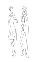 Two fashion women. Drawing outline model set.