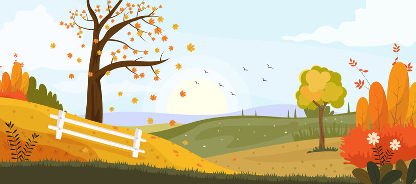 Beautiful Panorama Autumn Landscape with Falling Leaves - Vector