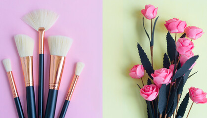 premium makeup brushes and pink flowers on a colored pink and yellow background, creative cosmetics flat lay