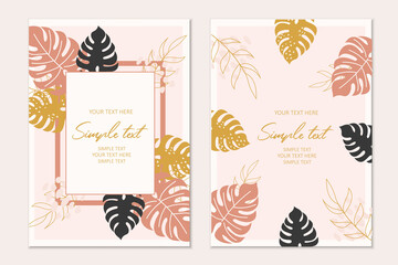 Modern tropical invitation card template with yellow,brown,black monstera leaves.