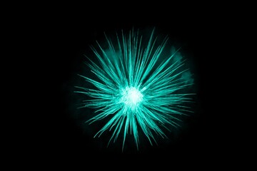 Fototapeta premium Beautiful turquoise big bang science object with glowing core. Scientific artificial scene in microcosm or macrocosm show e.g. dangerous virus or explosion birth of star in cosmos. Dark background