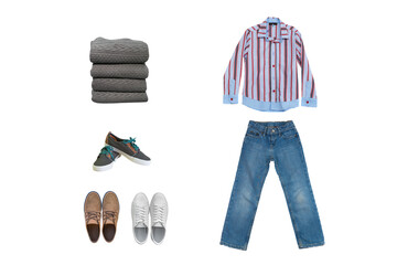 set of clothes, jeans, shirt, sweaters and shoes isolated on white background, collection