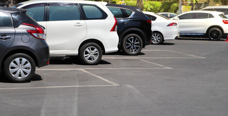 Closeup of rear, back side of black car with  other cars parking in outdoor parking in bright sunny day. 