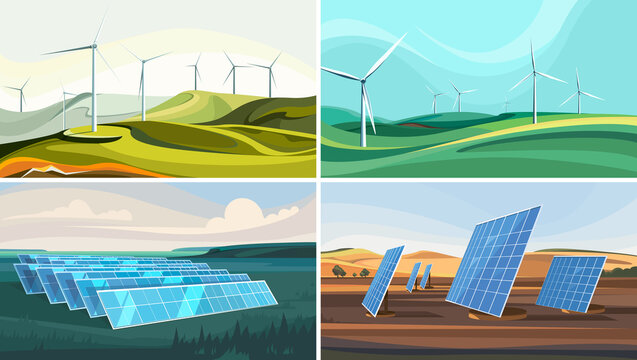 Set of landscapes with wind farms and solar panels. Alternative energy.