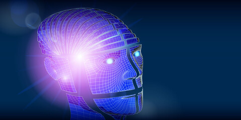 AI. Artificial intelligence background with 3d wireframe head.  Abstract digital grid cyborg head  and shine inside for technology banner. Vector illustration.