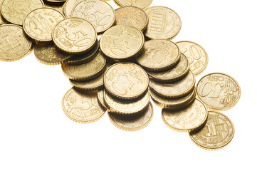 Fifty Euro cent coin currency stacks on white background. European money coins isolated on white