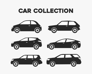 Set of black modern shapes and icon of Cars. Vector illustration