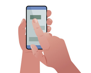 Hands holding mobile phone with application on screen. Messaging, online communication. Vector illustration in cartoon style.