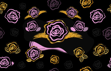 Vector Seamless Hand Brushed Gold Glitter Pattern with the Pink Rose Flowers on a Dark Background. Useful as a Background for a Packaging design, Greeting Card, Product Design, Textile Fabric Desig