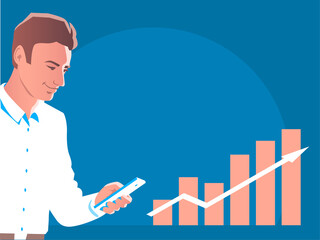 A young man is looking at a smartphone. Happy schedule of financial growth. Vector illustration of a banner on the theme of a successful business. Place for text.