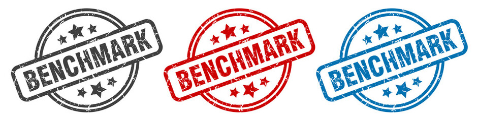 benchmark stamp. benchmark round isolated sign. benchmark label set - obrazy, fototapety, plakaty