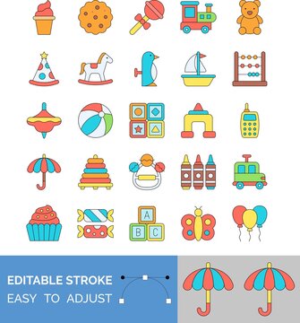 baby toy related cone, biscuit, lollipop, kid train, blocks, ice cream cup, balloons, boat, car, kid horse, teddy bear, stroller, bottle, candy, colors pen and football, vector with editable stroke,