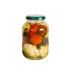 Canned vegetables in a glass jar. Isolated on white background