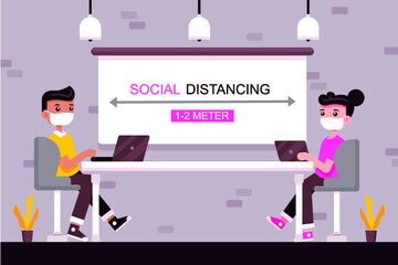Social distancing in office or workplace. Keep the 1-2 meter distance. Coronovirus epidemic protective. Vector illustration
